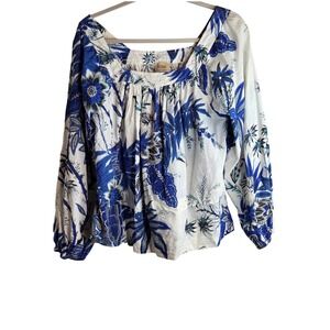 Elie Tahari Women's White Blue Floral  Square Neck Long Sleeve Blouse Size L